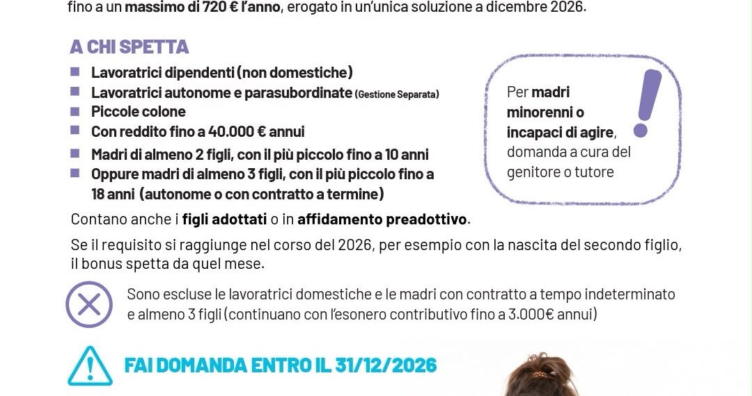 Al via le domande per il bonus mamme 2026